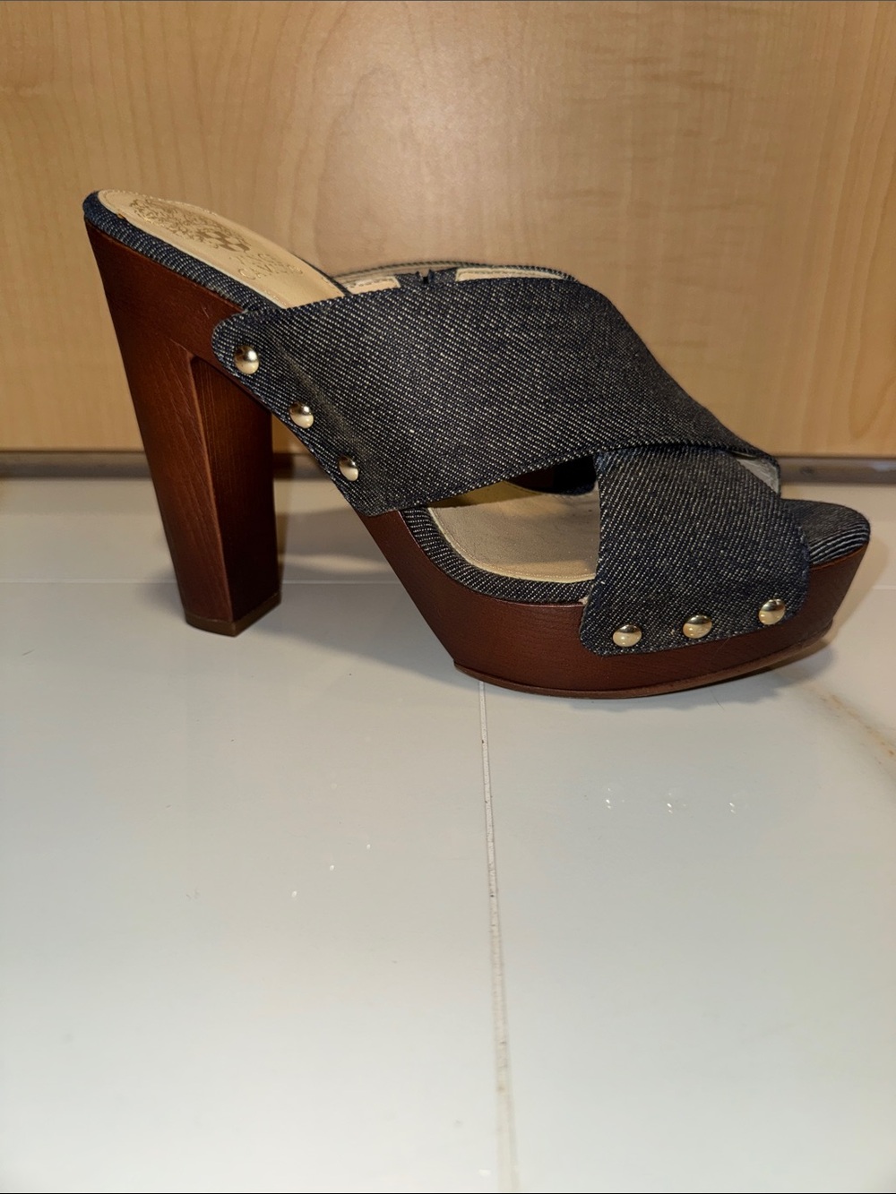 Vince Camuto Dark Blue Denim Crisscross Platform Mules - Picture 6 of 6